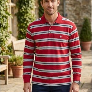 Brooks Brothers Mens Performance Polo Shirt L Red Striped Long Sleeve Cotton L